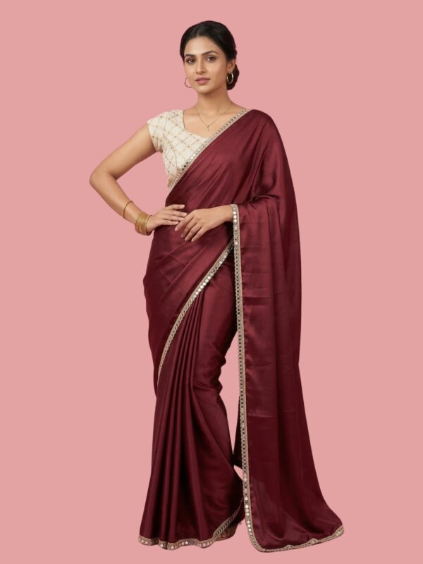 Parvanya Deep Wine Satin Silk Saree with Contrast Pearl-Work Blouse
