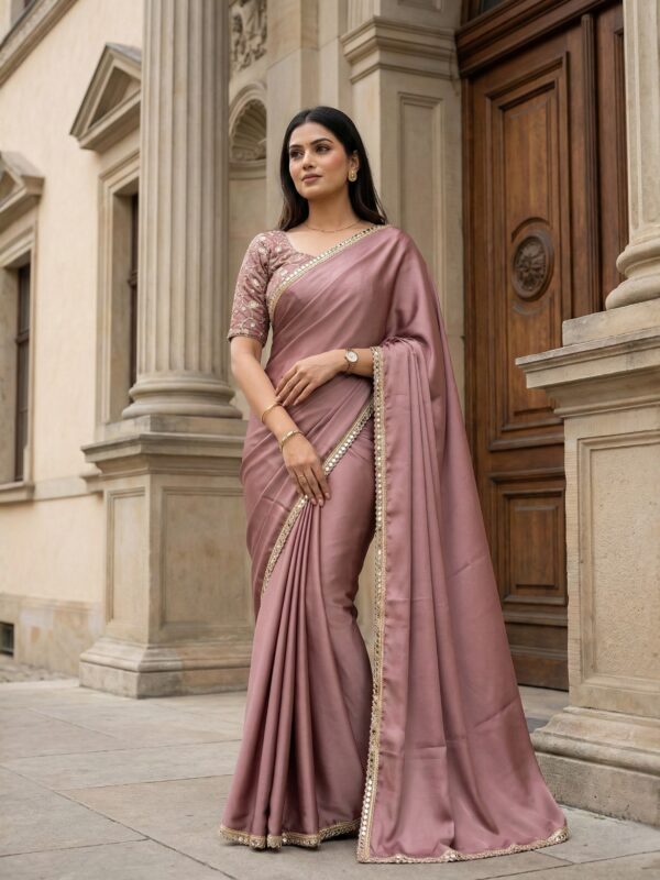 Parvanya Dusty Rose Satin Saree with Mirror-Work Scalloped Border