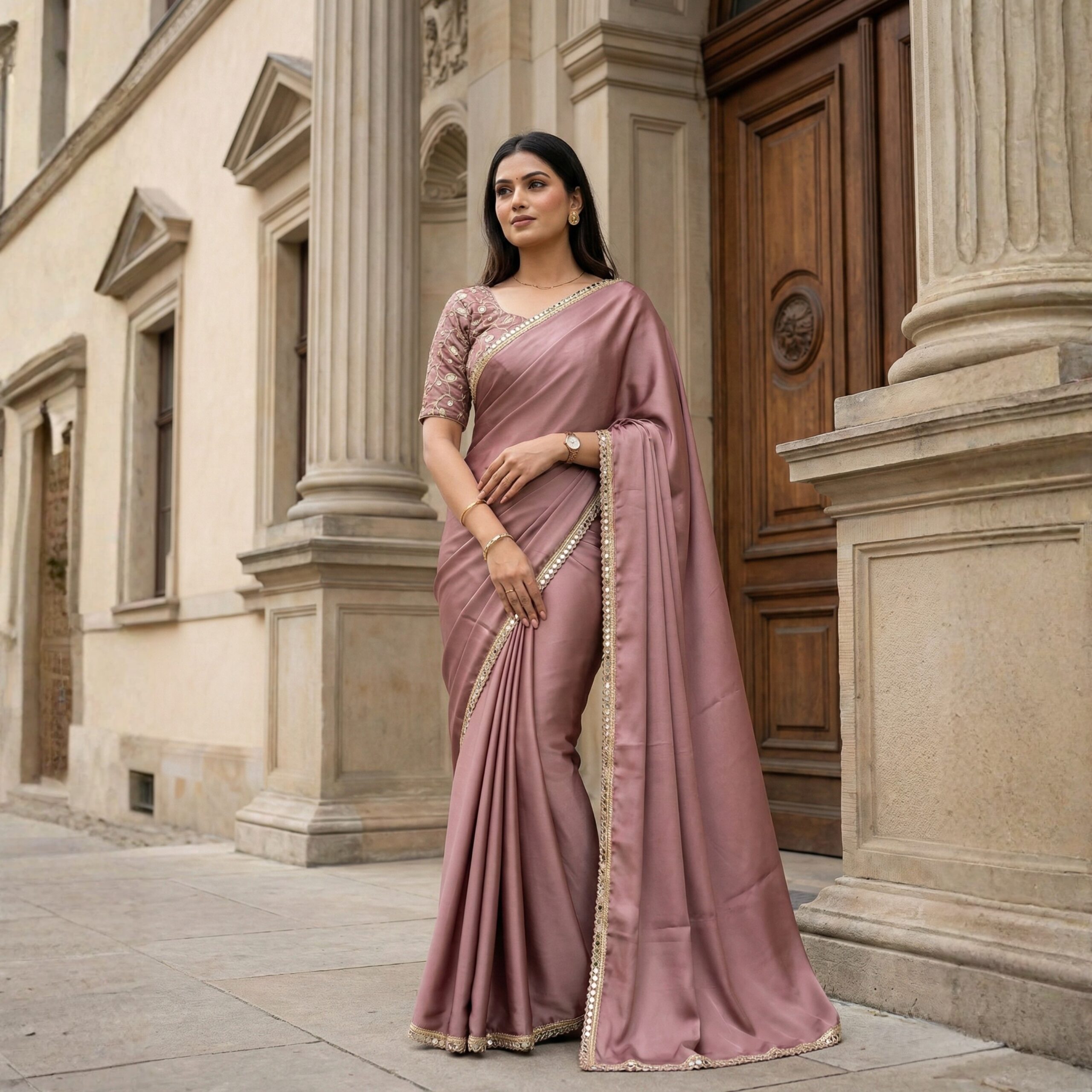 Parvanya Dusty Rose Satin Saree with Mirror-Work Scalloped Border