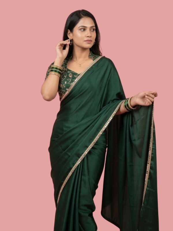 Parvanya Forest Emerald Satin Saree with Antique Mirror Lace
