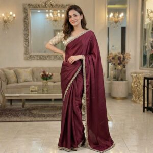 Parvanya Mahogany Wine Satin Saree with Ivory Contrast Work Blouse