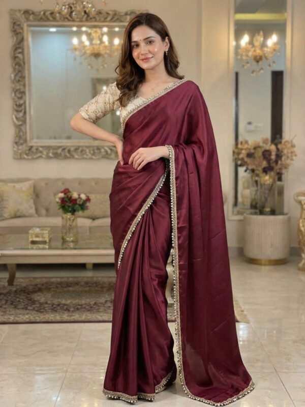 Parvanya Mahogany Wine Satin Saree with Ivory Contrast Work Blouse