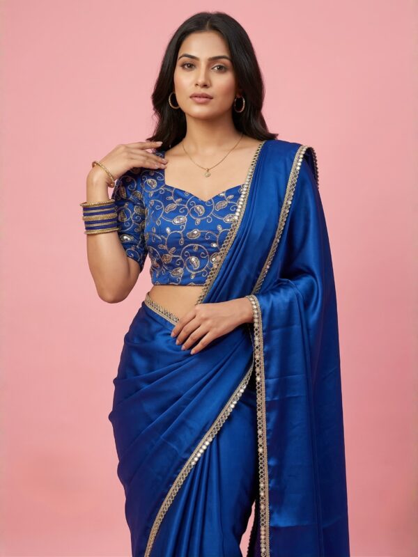Parvanya Royal Cobalt Satin Saree with Filigree Embroidery Blouse