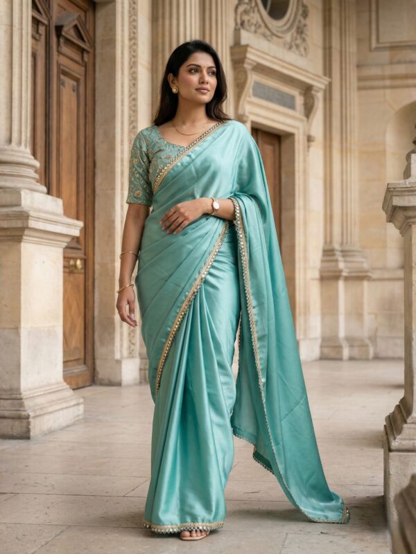 Parvanya Mint Glaze Satin Saree with Mirror-Work Scalloped Border