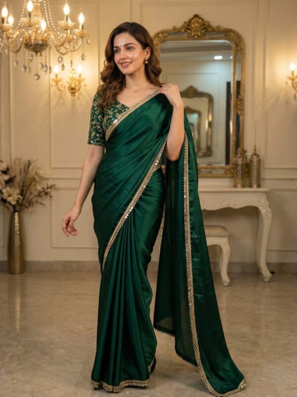 Parvanya Imperial Bottle Green Satin Saree with Filigree Work Blouse