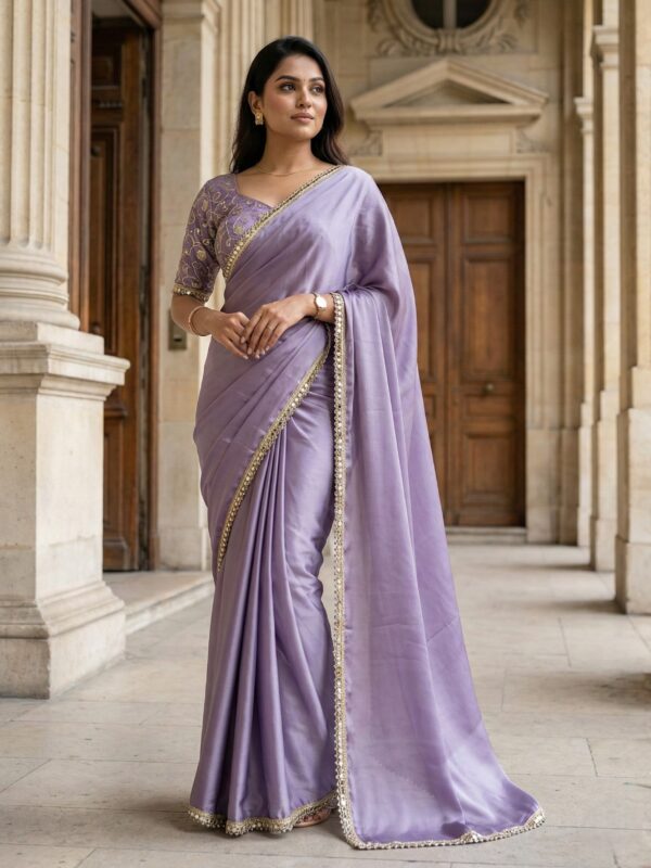 Parvanya Lavender Mist Satin Saree with Intricate Mirror-Lace Border