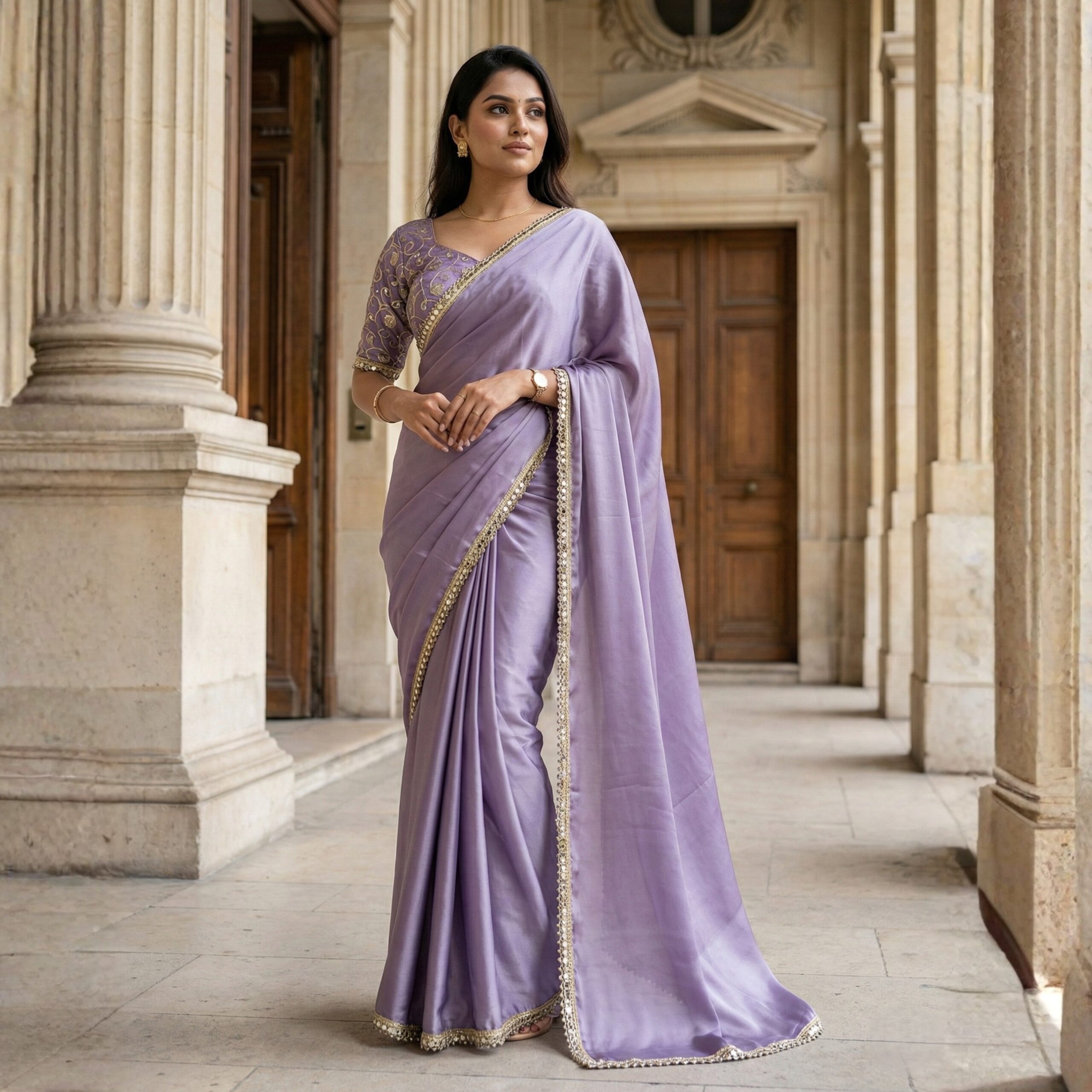 Parvanya Lavender Mist Satin Saree with Intricate Mirror-Lace Border
