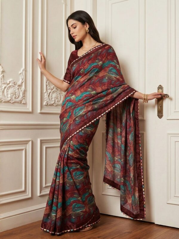 Parvanya Maroon Mosaic Leaf Print Georgette Saree