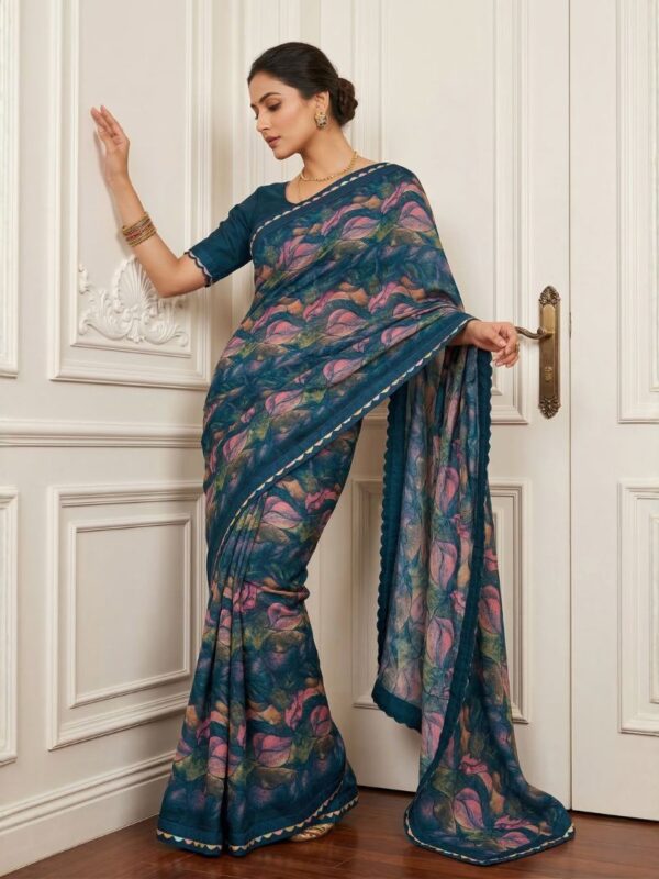 Parvanya Teal Blue Petal Bliss Georgette Saree